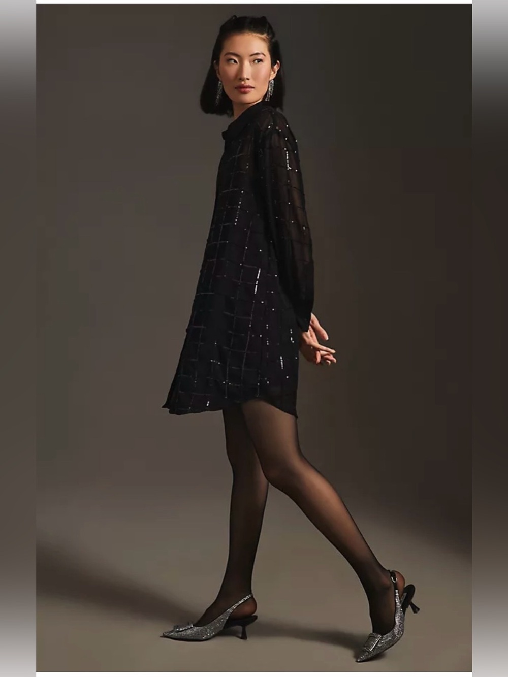 Anthropologie Rinku Dalamal Sequin Shirt Dress Black Sheer Sequins XXS Petite